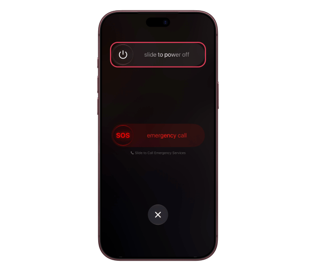 The power off slider outlined at the top of the screen.