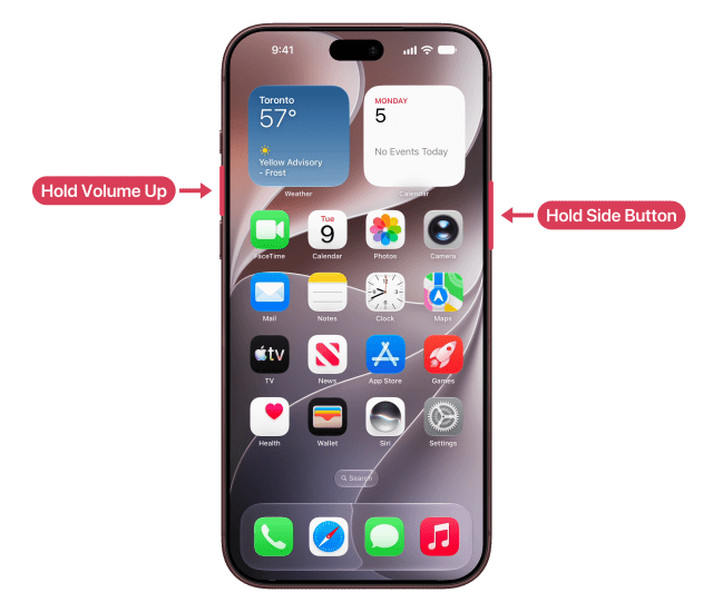 The side button and the volume up button marked and labelled on an iPhone 18 Pro Max showing its Home Screen.