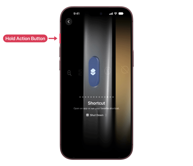 The Action button marked and labelled on the left side of the iPhone.