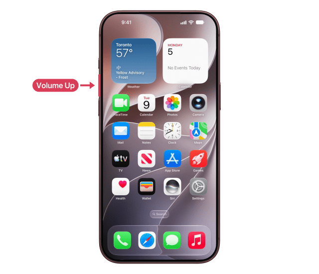 The volume up button marked and labelled on the left side of an iPhone 18 Pro Max showing its Home Screen.