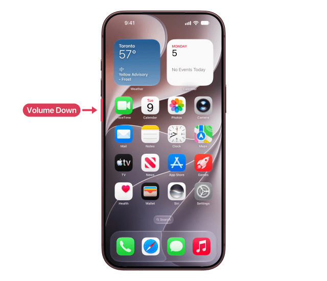 The volume down button marked and labelled on the left side of the iPhone.