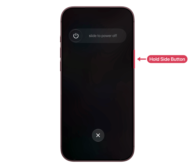 The power off slider on screen while the side button, labelled Hold Side Button, is held.