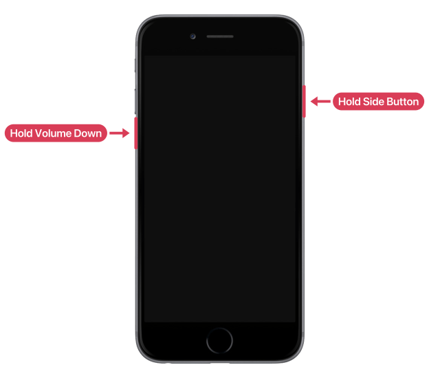 An iPhone with a Home button, its side button and volume down button marked and labelled.