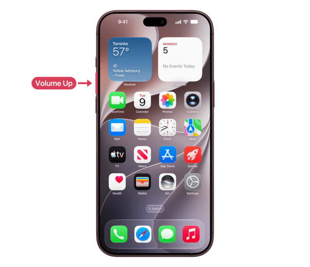 The volume up button marked and labelled on the left side of an iPhone 18 Pro Max showing its Home Screen.